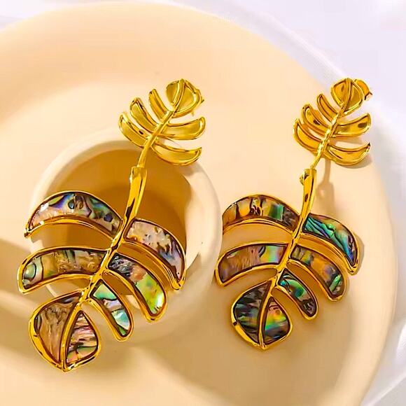 Boho Gold Iridescent Leaf Earrings Stainless Steel Gold Plated - Picture 8 of 11